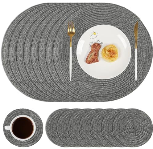 Famibay Runde Tischsets und Untersetzer 8er Set Gewebte Tischset Hitzebeständig Waschbar Platzdeckchen Grau Runde Tischmatten für Küche Esstisch