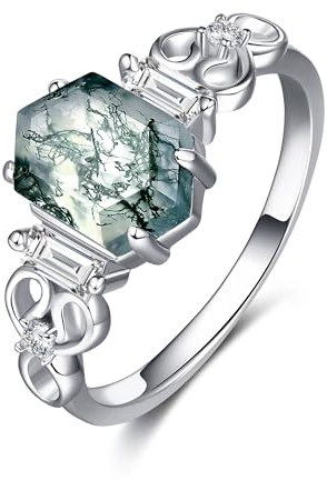 POPLYKE Natürlicher Moos Achat Ring 925 Sterling Silber Versprechen Ring Verlobung Hochzeit Schmuck Geschenk für Damen Grüner Edelstein Ring