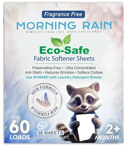 Morning Rain Eco Fabric Softener Cloths for Washing Machine - Fragrance-Free, Preservative-Free, Ultra Concentrated - 30 Sheets for up to 60 Loads, Anti-Static, Reduces Wrinkles, Softens Clothes
