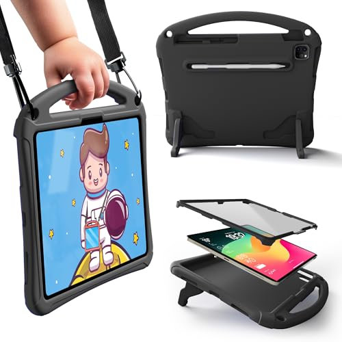 Bam Bino Space Suit Coque Rugged pour iPad Pro 13 M4, iPad Air 13 M2/M3 (2024/2025) Coque pour Enfants avec Protecteur d'Écran Intégré, Poignée, Support, Porte-Peutre, Bandoulière (Noir)