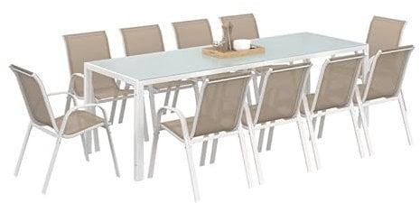 IDMarket - Gartenmöbel-Set Madrid, Tisch 240 cm und 10 stapelbare Stühle, Weiß und Beige