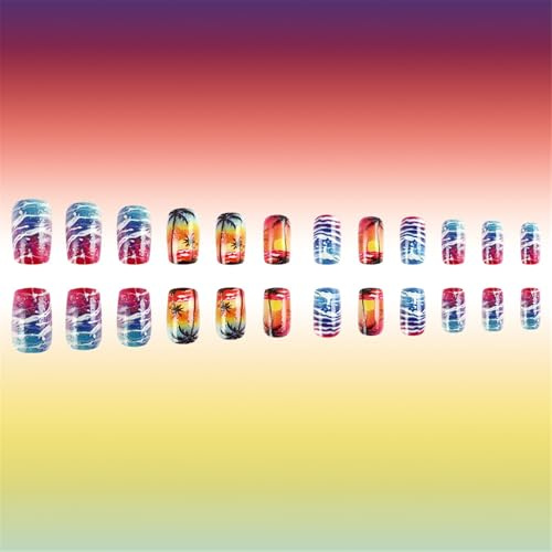 Quick Apply Sunset Beach Palm Tree Artificial Nails Acrylic False Nails Full Covers Press On Nails For Various Occasion
