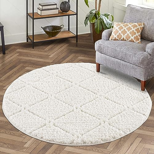 carpet city Teppich Wohnzimmer Hochflor Creme - 160 cm Rund - Hochtief Karo-Muster, 3D-Effekt - Bettvorleger Schlafzimmer Teppiche Boho, Skandi