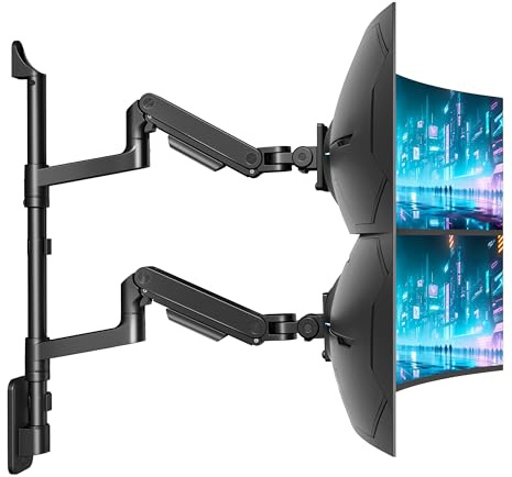 ARES WING Monitor Wandhalterung 2 Monitore für 17-49 Bildschirme, Schwarz | 20kg/Arm, Gasdruckfeder PC Monitor Hatlerung Wand,voll verstellbare Monitor Halterung für Büro&Gaming,VESA 75/100