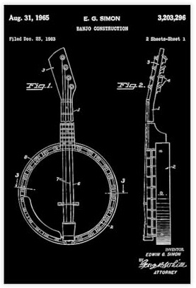 Banjo_country_music_patent_art_black Kunst-Wanddekoration, Poster, Familie, Bar, Restaurant, Garage, Café, Kunstschild, Geschenk, ungerahmt, 30,5 x 45,7 cm