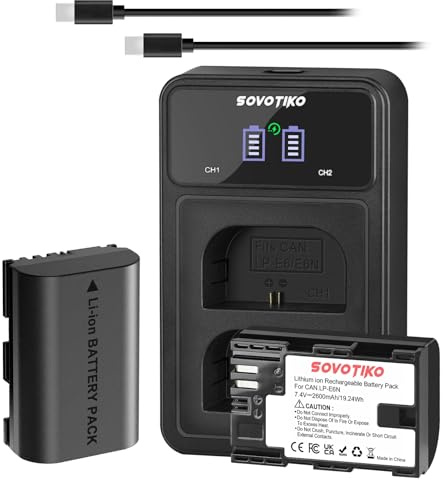 SOVOTIKO LP-E6 LP-E6N Ersatzakku (2 Stück) und intelligentes LED-Dual-USB-Ladegerät für Canon LP-E6, LP-E6N und Canon EOS 5D Mark II/III/IV, 5DS, 5DS R, 6D, 7D, 7D Mark II, 60D, 70D, 80D usw,2600mAh
