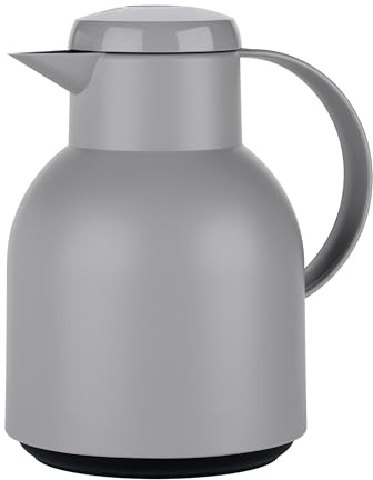 Emsa Samba Isolierkanne, 1 Liter Fassungsvermögen, Quick Press Verschluss, 100% dicht, 12h heiß und 24h kalt, mit Glaskolben, made in Germany, Steingrau, N4016000