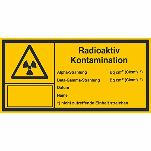 INDIGOS UG - Aufkleber - Strahlenschutz Radioaktiv Kontamination Warnschild - 14,80x7,40 cm, für Büro, Werkstatt, Armee, Labor - Warnung - Sicherheit - Hotel, Firma, Haus