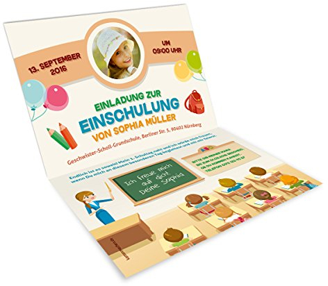 Individuelle Foto Einladungen zur Einschulung (ab 10 Stück, Menge bis 100 wählbar) Klassenzimmer Motiv, erster Schultag Karten mit eigenem Bild und Text, Klappkarten DIN A6, dickes Kartonpapier