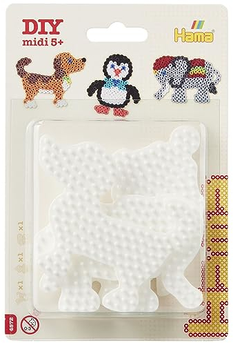Hama Perlen 4572 Kleine Stiftplatten 3er Set für Midi Bügelperlen mit Durchmesser 5 mm, Motive Elefant, Pinguin und Hund in weiß, kreativer Bastelspaß für Groß und Klein, bunt