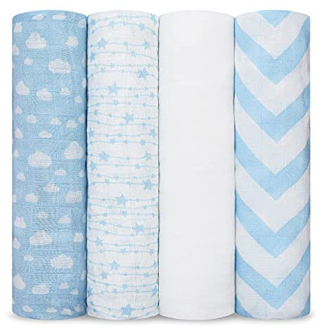 Comfy Cubs Muslin Swaddle Blankets Pack of 4-119 x 119 cm, Soft Cotton Baby Blanket Set, Large Swaddling Wraps for Newborns - Self-Soothing Baby Swaddle - Blue