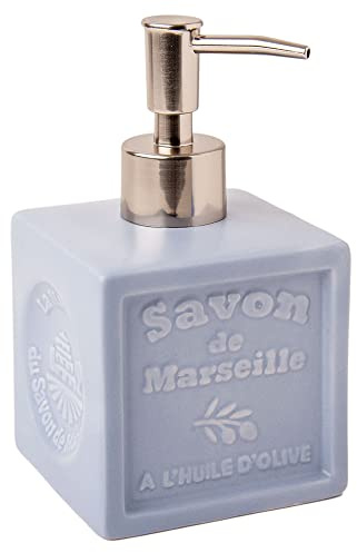 Maison du Savon – Keramik-Seifenspenderpumpe – Hellblau – Pumpkopf aus gebürstetem Aluminium – fasst 300 ml Flüssigkeit, Handwäsche