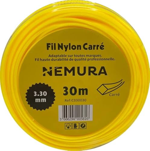 Nemura Fil Débroussailleuse Carré Ø: 3,30mm, L: 30m - Compatible avec d'autres marques - Haute durabilité - Qualité professionnelle - Marque Française