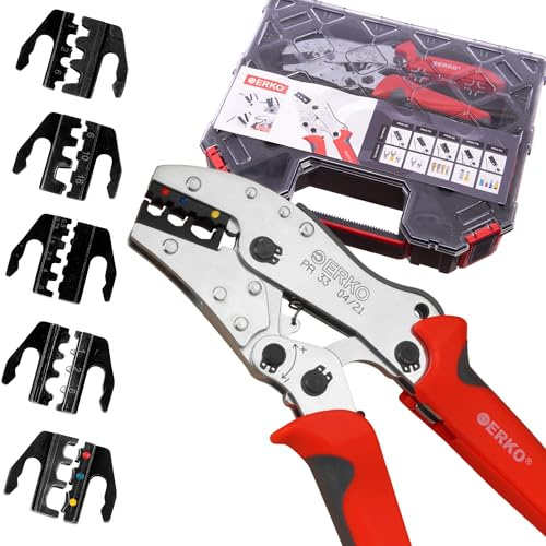 ERKO Set pinza crimpatrice universale PR_33 con 5 inserti per capicorda con e senza isolamento 0,5 ÷ 6 mm2 e per terminali 0,5 ÷ 35 mm2, in acciaio inox, lunghezza: 220 mm, peso: 500 g
