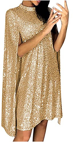 Rioge Damen Glitzer Kleid Festlich Hochzeit Kleider Elegant Abendkleid Langarm Schal Cocktailkleid Sexy Partykleid Minikleid Paillettenkleid für Frauen