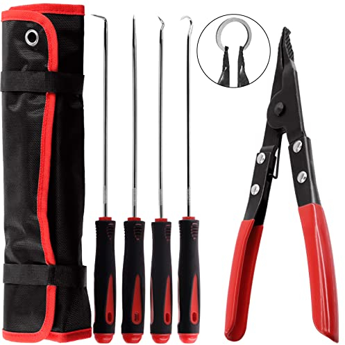 Keadic 5 Pcs 9 Angle Tip Lock Ring Pliers and Long Precision Hook Kit with Storage Bag, Heavy duty Snap Pliers Car Repair Tool Set for Hose Remover O Ring Removal