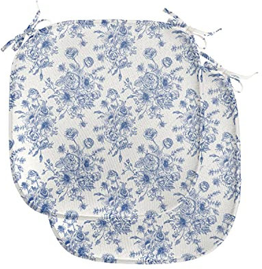 ABAKUHAUS Windröschen Polster für Esszimmerstühle, Blaue Blumen Corsage, Dekoratives wasserfestes Kissen mit Riemen für Küchensitze, 40 cm x 40 cm-2er Pack, Nachtblau Weiß