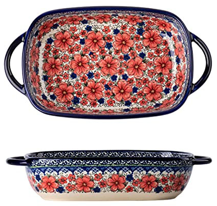 Bicuzat Vintage Style Cherry Blossom Flowers Pottery Bakeware Ceramic Casserole Dish Baking Pan Lasagna Pans Baking Dish with Handles for Oven to Table-1 PCS, 22 oz