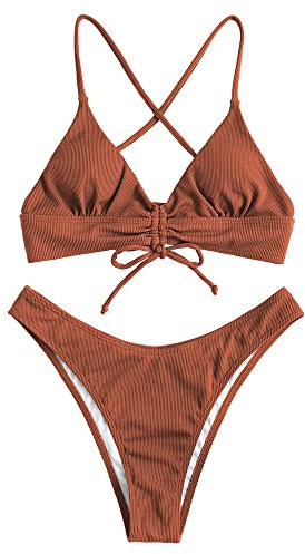 ZAFUL Zugezogen Gerippt Fest Schnüren Hoher Schnitt Brasilianisch Bikini Set Gepolstert Zwei Stücke Badeanzug Bademode für Damen (G-Braun,S)