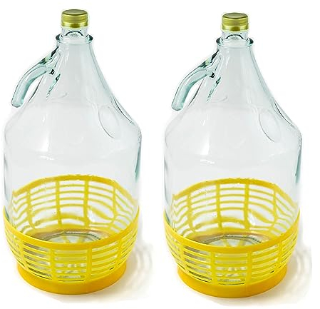 WYSKONT Bouteille bonbonne à col étroit avec bouchon à vis fixe et panier pour la fabrication du vin, stockage de boissons, service en verre transparent, 2 pièces x 5 L