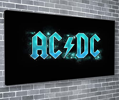 ACDC Rock Band Leinwanddruck, gerahmt, fertig zum Aufhängen, Neonblau / Schwarz