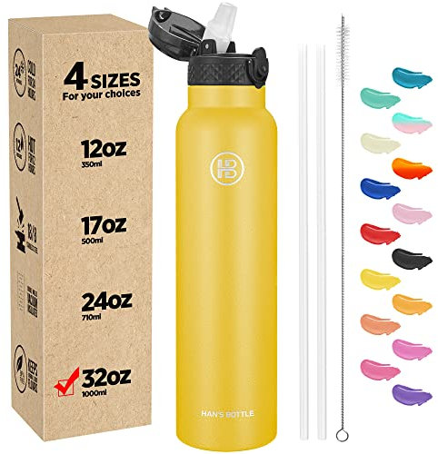 Han's Bottle Sports Water Bottle - 32 Oz, Straw Lid, Leak Proof, Vacuum Insulated Stainless Steel, Double Walled, Thermo Mug,Ginger