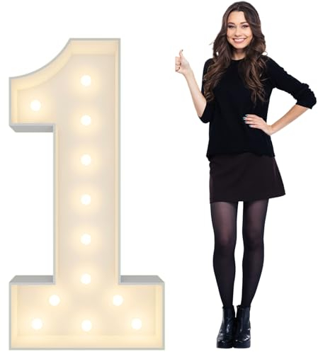 4FT Light Up Numbers Pre-Cut Frame Giant Marquee Numbers 1, Mosaic Numbers for Balloons, First 1st 21st Birthday Anniversary Decorations Party Decor