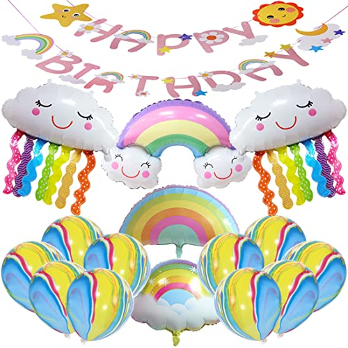 MEZHEN Regenbogen Luftballon Aluminium Folie Ballon Wolken Folienballon Geburtstagsdeko Lächelnde Quasten Heliumballons Wolkenförmige Riesenballon zum Baby Shower Geburtstagdeko Party Deko 16 Stück