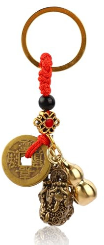 Mayoii Pure Brass Hollow Gourd Car Keychain, Feng Shui Five Emperors Copper Money Key Chain Pendant, Zhaocai Town House Lucky Coins Amulet for Chinese New Year Decorations Gifts (blue_style)