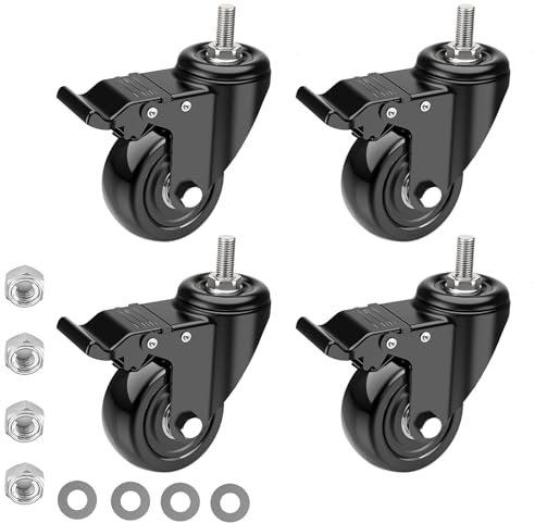 IQWTU Heavy Duty 50MM Castor with Brake, 4 Furniture Castors with M10 X 25mm (3/8 x 1) Screw Stem, PU Rubber Casters Trolley Wheels with Bolts, Transport Castors 360° Rotation up to 300KG