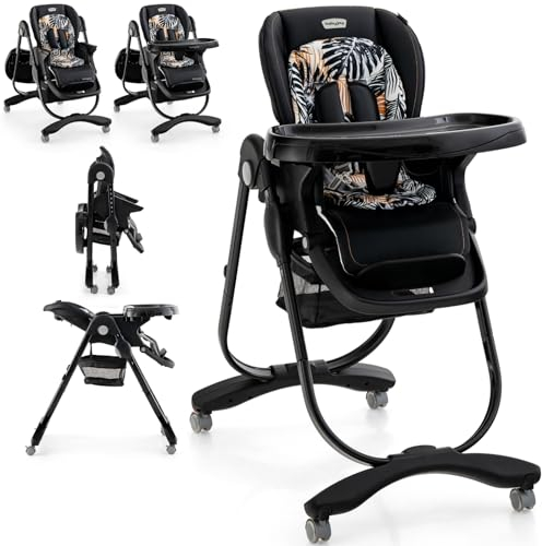 Maxmass Baby High Chair, Foldable Infant Highchair with Removable Tray, Lockable Wheels, Storage Bag, 5-Point Belt, Adjustable Height, Backrest&Footrest, Toddlers Dining Chair for 6-36 Months (Black)
