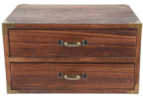 Kichvoe Vintage Wooden Desktop Organizer 2 Drawer Desk Organizing Cabinet Rustic Wood Storage Box for Jewelry Home Office Countertop (Two Drawers)