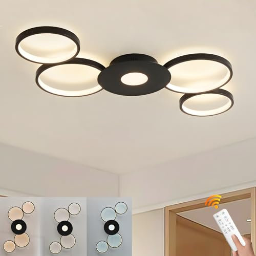 WayLuoung LED Deckenleuchte, Modernes Ring Design, 3000-6000K, Dimmbar Mit Fernbedienung, Runde Deckenleuchte aus Schwarzem Acryl 38W 89*56cm Wohnzimmer Kinderzimmer Esszimmer Küche Büro Arbeitszimmer