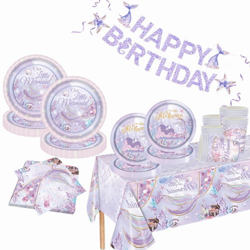 82pcs Purple Mermaid Party Tableware Set - Mermaid Scale Tablecloth, Plates, Napkins, Cups and Banner for Under the Sea Ocean Birthday Party