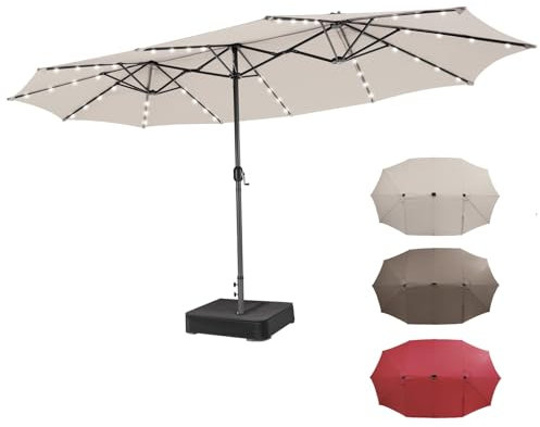 RELAX4LIFE Ombrellone Doppio da Giardino con Base 450 x 260 cm, Ombrellone Parasole con Luci LED e Manovella, Tetti Ventilati, Ombrellone da Esterno per Patio, Cortile, Ristorante (Beige-Luci+Base)