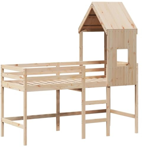 vidaXL Hochbett, Kinderbett mit Leiter Dach Sicherheitsgeländer, Spielbett für Kinderzimmer, Bett Holzbett Einzelbett, 80x200cm Massivholz Kiefer