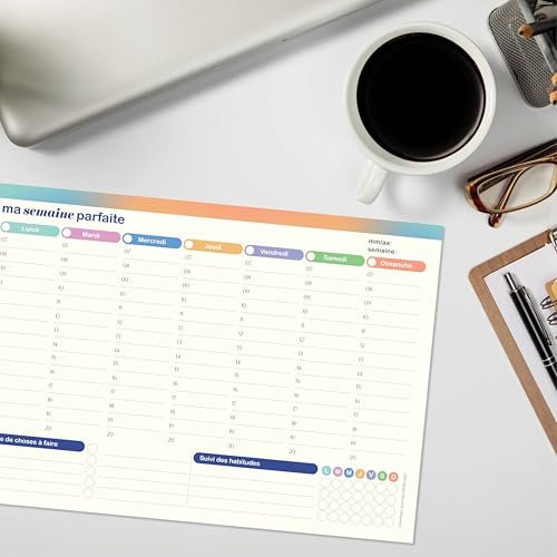 50 Blatt Wochenplaner, A4-Größe, 29,7 x 21 cm, Schreibtischunterlage, Tagesplaner, Aufgabenliste, Gewohnheitstracker, ohne festes Datum, für Familie, Schule, Büro (Französisch)