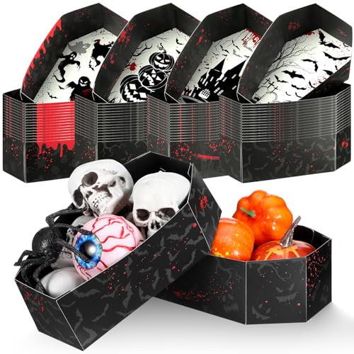 MotiMind 48 Pcs Paper Coffin Trays Serving Dishes Halloween Disposable Coffin Serving Bowl Food Containers Spooky Trays Charcuterie Board for Snack Candy Treat, Coffin Decorations for Party