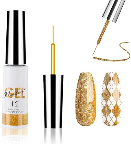 Gold Glitter Gel Nagellack Liner, Gellack für Nägel für French Nail Art, UV Shellac Gel Polish für Nail Design, Feiner Liner Gel Soak Off UV LED Nagellack für Frauen DIY Salon (Gold, 8ml)