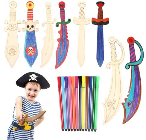 MOKIDO 8 Stück Piratenschwerter aus Holz, Kreatives Piratensäbel Basteln, Holzschwert für Kinder, Jungen und Mädchen im Karneval