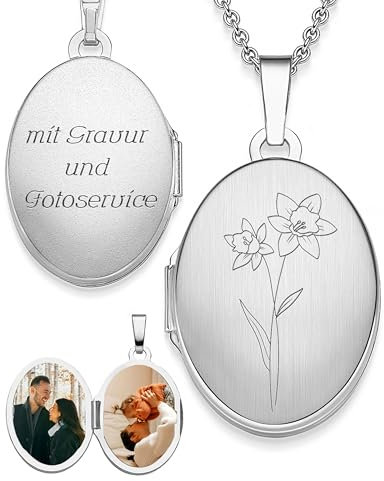 Medaillon Silber 925 oval mit Geburtsblume Narzisse Geburtsmonat März | Foto Amulett Anhänger antik vintage | personalisierte Halskette Damen