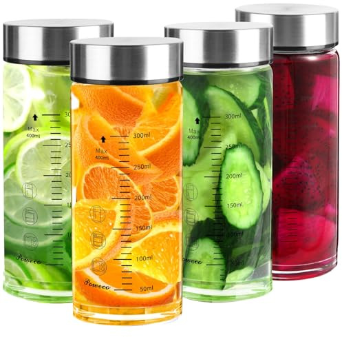 poweco Glasflasche 400ml mit Deckel - 4er Pack, Trinkflasche Glas & Saftflasche aus Borosilikatglas - Smoothie & Shaker Becher - Spülmaschinenfest & BPA-Frei