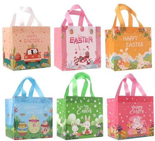 6 Stück Geschenktüten Ostern, Geschenktüten Mit Griffen, Verschiedene Muster Ostereiersuche-Taschen, Ostertüten Zum Befüllen, Geschenktaschen für Kinder Ostern Geschenk Party, 20 x 20 x 15 cm