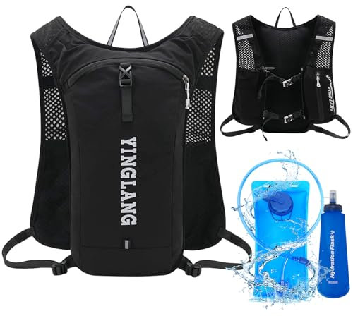 Lnopever 8l Zaino Trail Running Per Uomo E Donna,2 Borraccia Pieghevole Da 500ml,Zaino Idratazione Running,Zainetto Per Mtb Trail Ciclismo Bici Trekking Maratona (Nero-01)