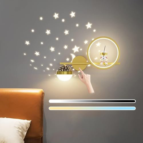 LED Kinder Wandleuchte Dimmbar Kinderzimmer Nachttischlampe mit Touch Schalter Modern Schlafzimmer Wandlampe Sternenhimme Astronaut Wandbeleuchtung für Babyzimmer Wohnzimmer Junge Mädchen Raumlampe
