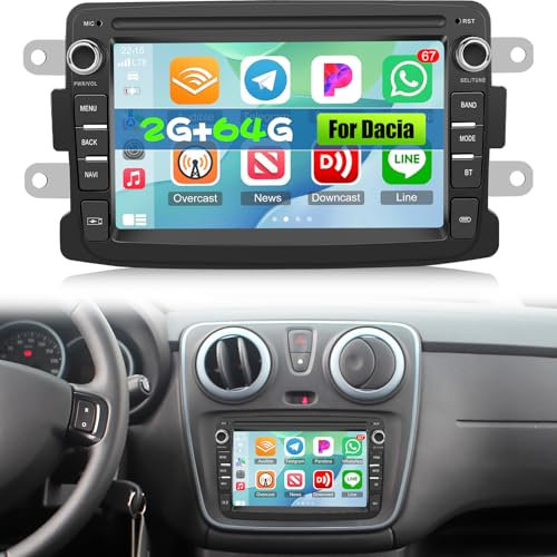NHOPEEW 2+64G Radio Android 7 Pulgadas para Dacia Duster Sandero Dokker Logan Lodgy - Soporta Wireless CarPlay & Android Auto, Navegación GPS, Control del Volante, FM RDS+ Cámara de Reversa