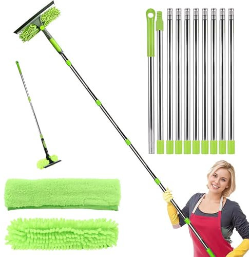 Window Cleaning Kit - 2 in1 Telescopic Window Squeegee Cleaning Equipment with 10 Extension Pole, 4.25m Long Reach Window Cleaner Brush Tool with Spare Microfiber Cloth Squeegee Strips
