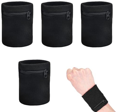 Sport Wristbands, 4 Stück Sport Handgelenktasche mit Reißverschluss, Sport Handgelenk Schlüssel Tasche, Wrist Wallet, für Yoga, Laufen, Wandern, Radfahren(Schwarz)