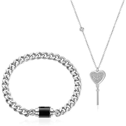 ZHENGCI Bracelet 2pcs Heart Key Pendant Necklace Stainless Steel Lock Bracelet Fashion Couple Bracelet Necklace Jewelry for Women Men