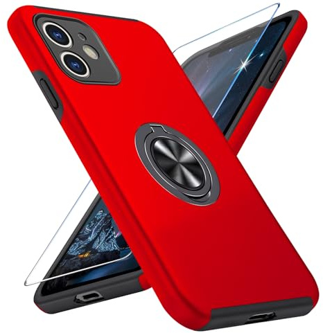 Vaki Handyhülle für iPhone 12 Hülle mit Schutzfolie, Schutzhülle Case mit 360° Magnetischer Ring Ständer Kratzfest Fallfestigkeit Stoßfest für iPhone 12 Cover (Rot)